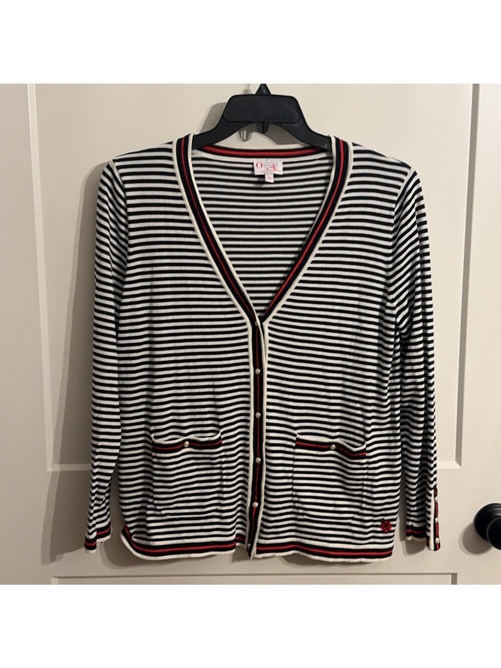 Talbots Oprah Cardigan Sz Lp Blue Striped V Neck Pockets Ladybug Nautical
